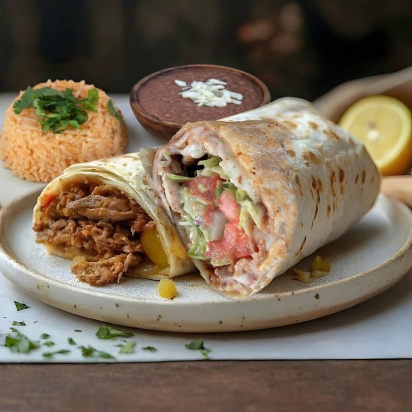 Two burritos, one with meat and one with vegetables, served with rice and black beans.