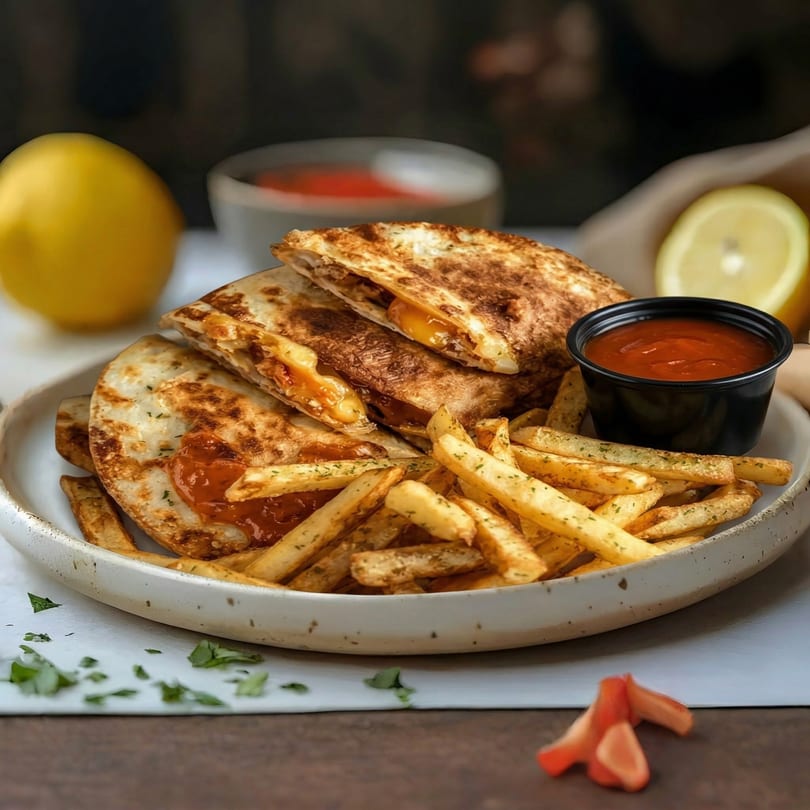 Golden-brown quesadillas with melted cheese and fries, served with ketchup and lemon.