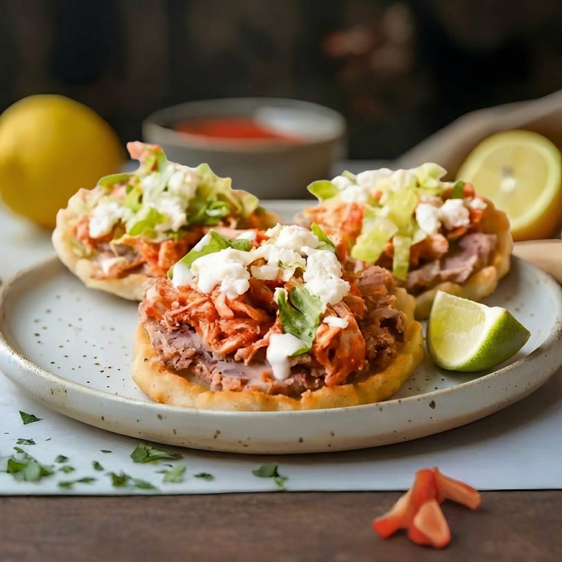 Three sopes topped with shredded meat, lettuce, cheese, and cream, with lime and lemon.