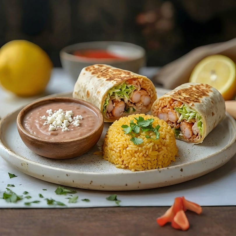 Two shrimp burritos with yellow rice and refried beans, garnished with cilantro and lemons.