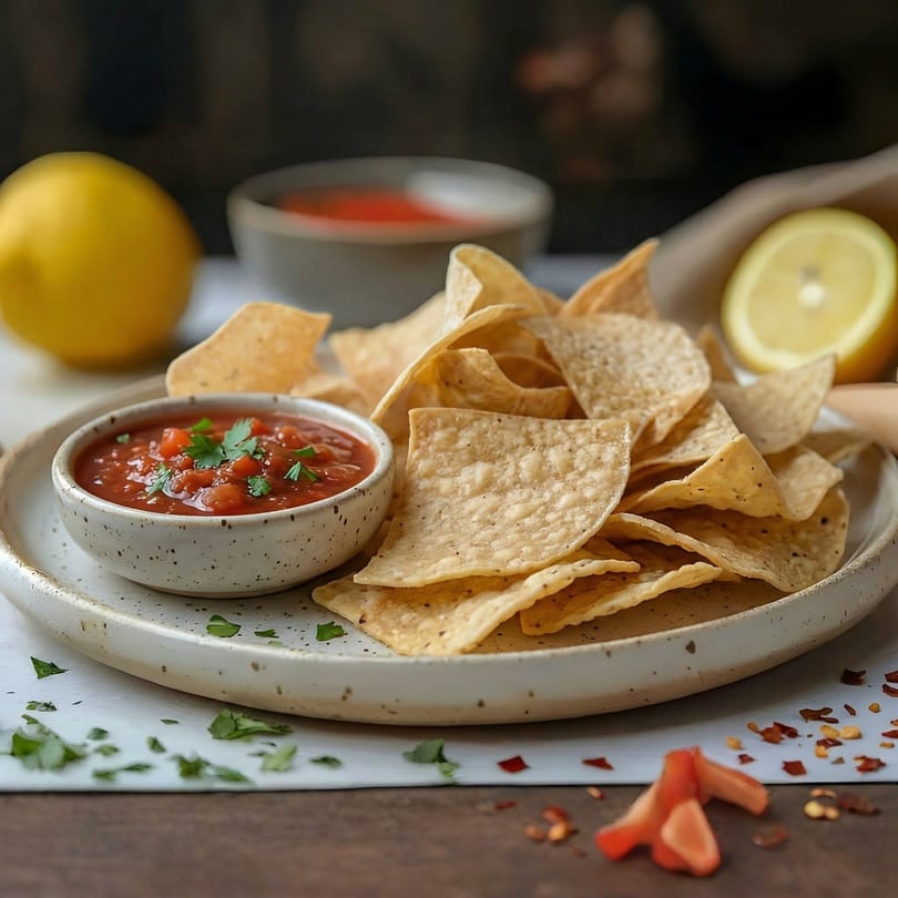 A bowl of salsa with cilantro and a pile of tortilla chips on a speckled plate, with lemons.