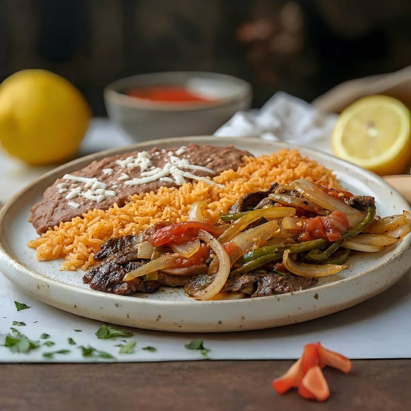 A plate of steak fajitas with rice, refried beans, and lemons on a white and brown surface.