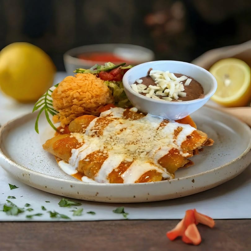 Enchiladas with rice, beans, and salad, garnished with lemons and cilantro.