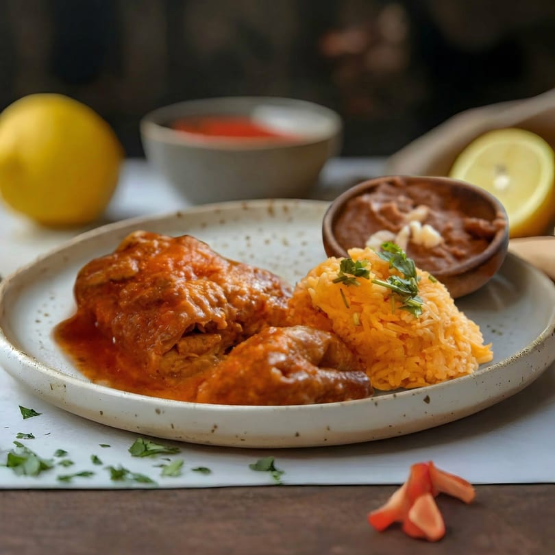 Chicken in red sauce with yellow rice and refried beans, garnished with cilantro and lemon.